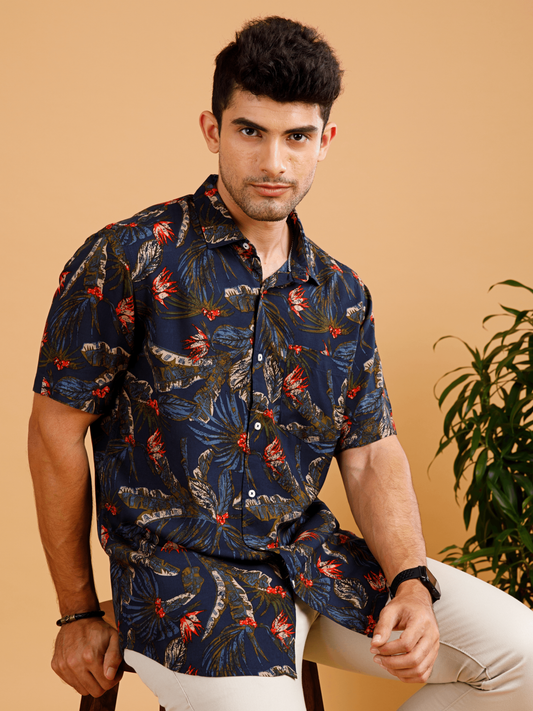 Tropical ECOVERO Navy Print Shirt