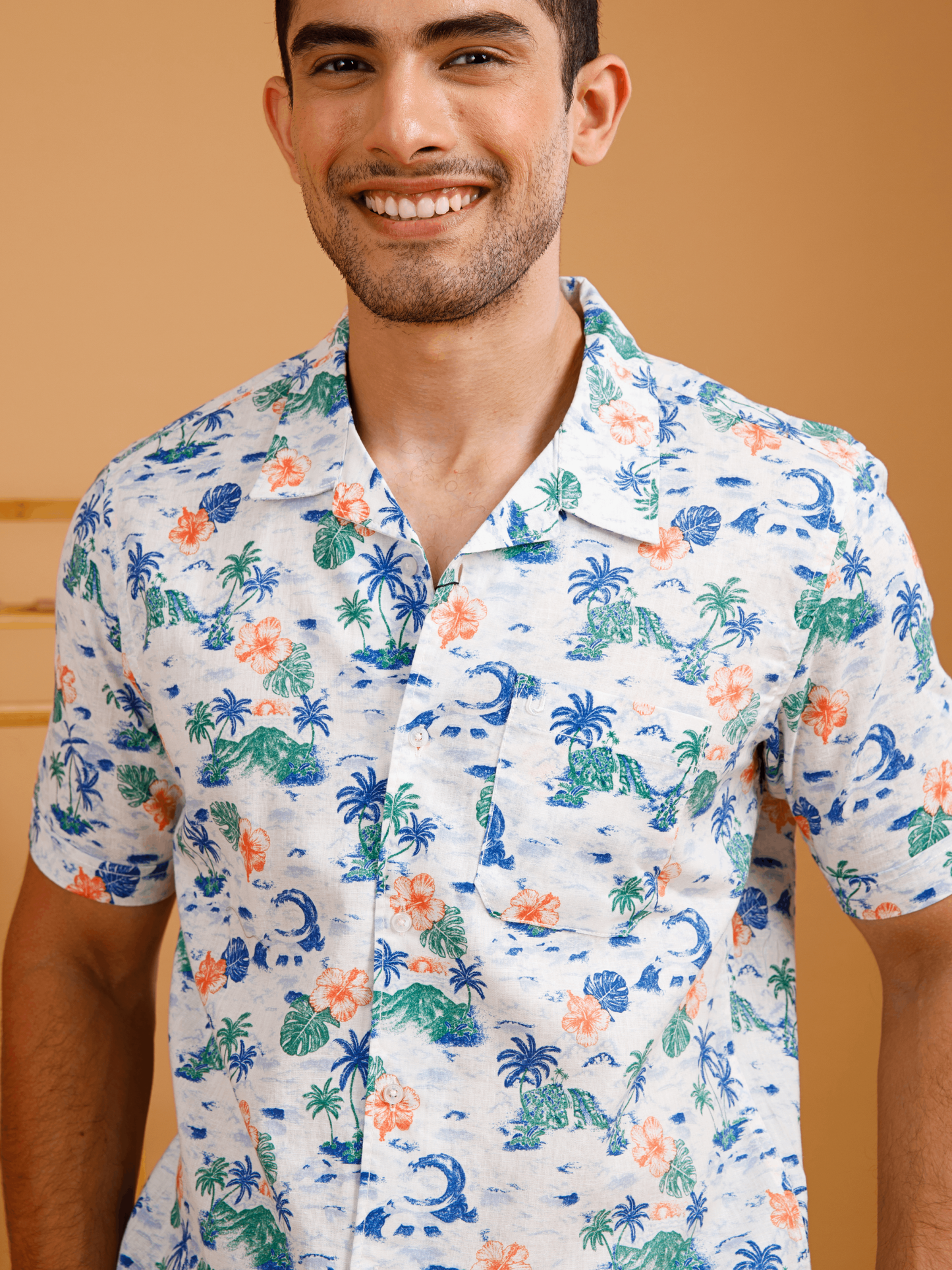 Tropical Linen White Print Shirt