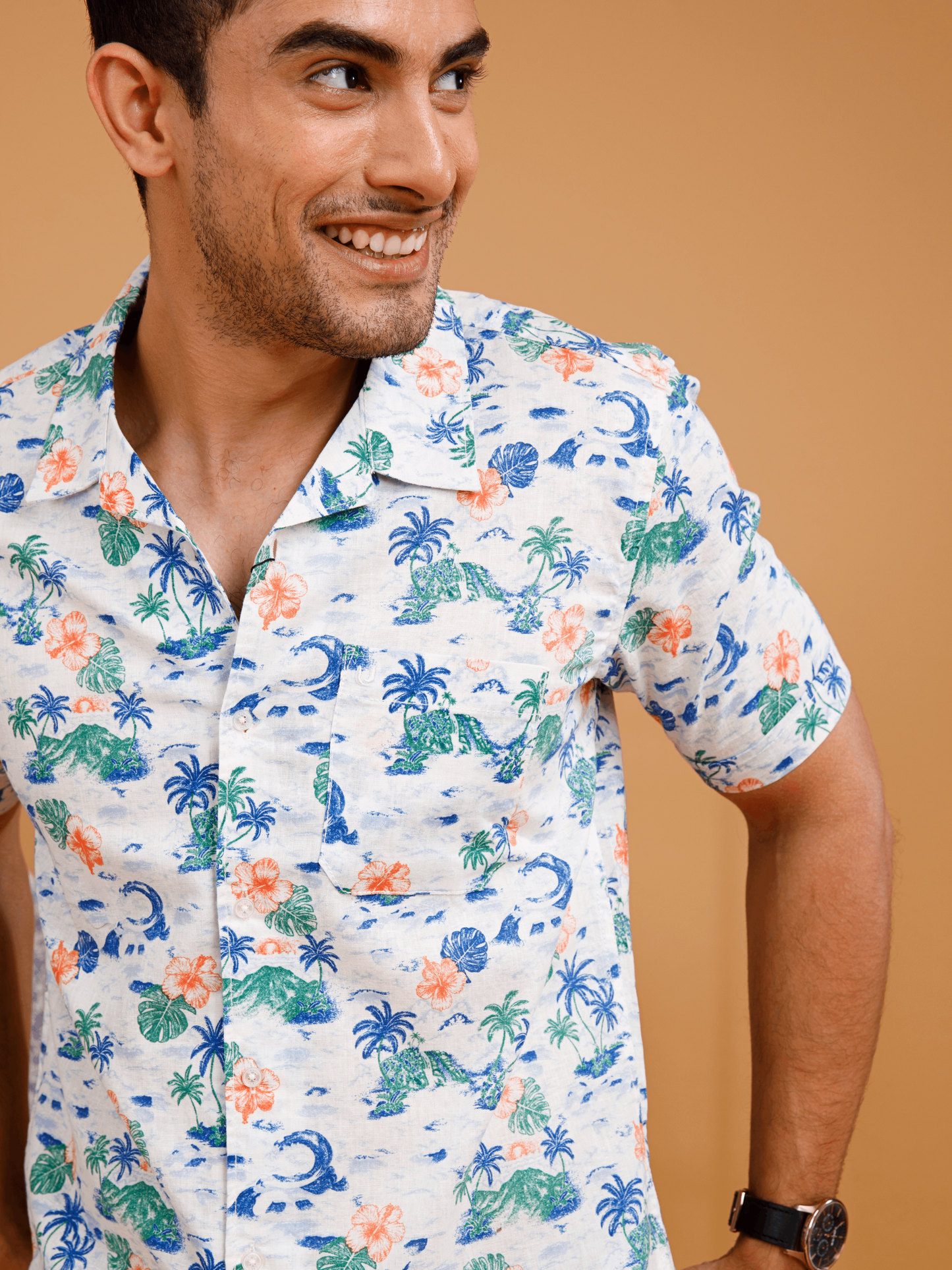 Tropical Linen White Print Shirt