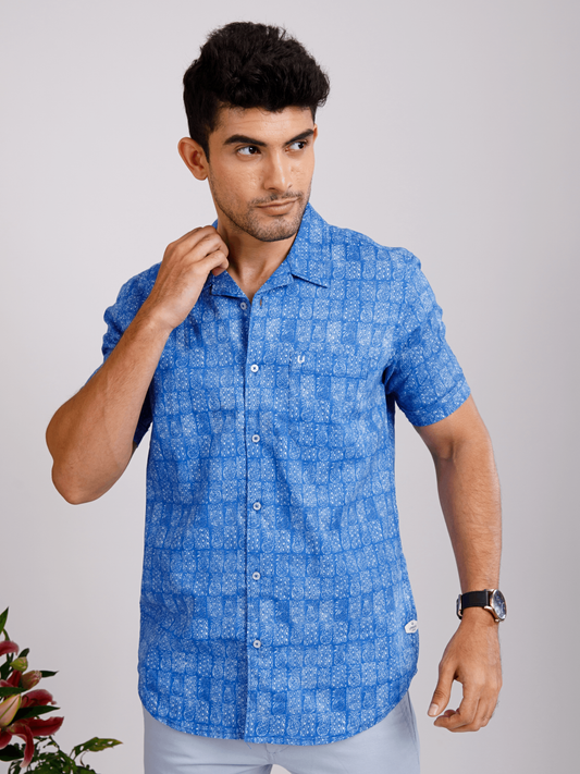 Tropical Linen Dark Blue Print Shirt