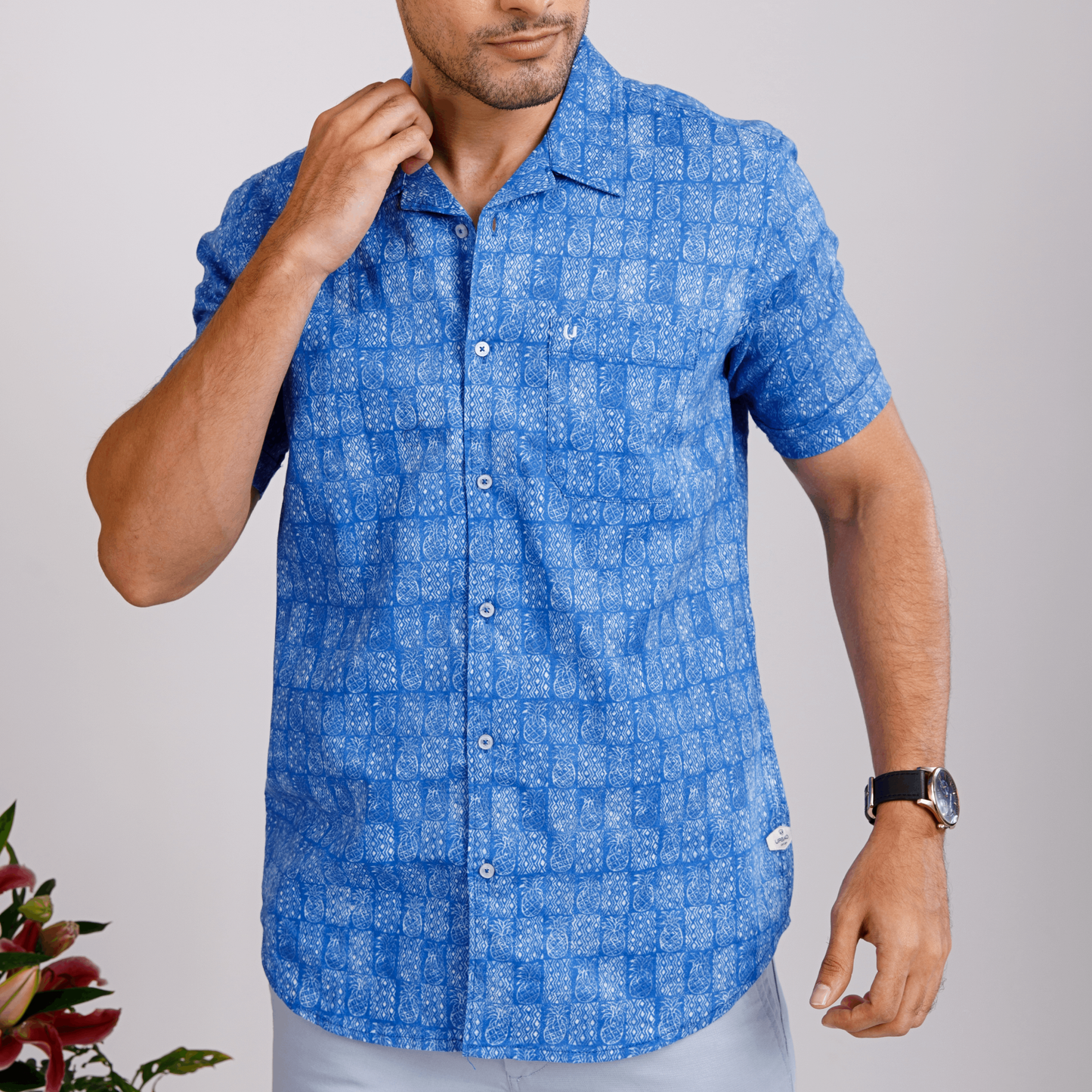 Tropical Linen Dark Blue Print Shirt