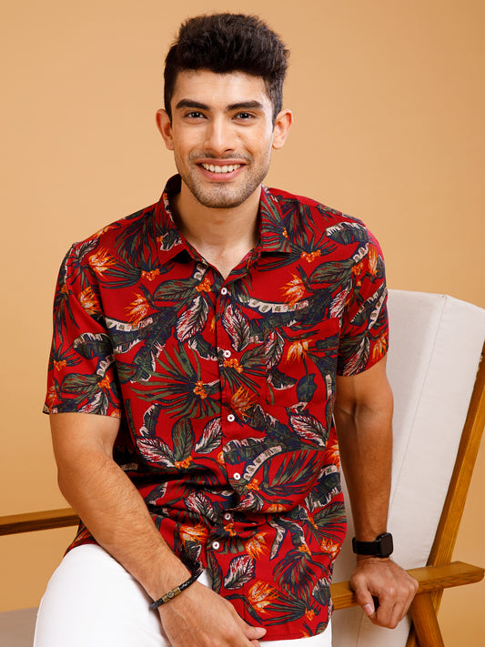 Tropical ECOVERO Maroon Print Shirt