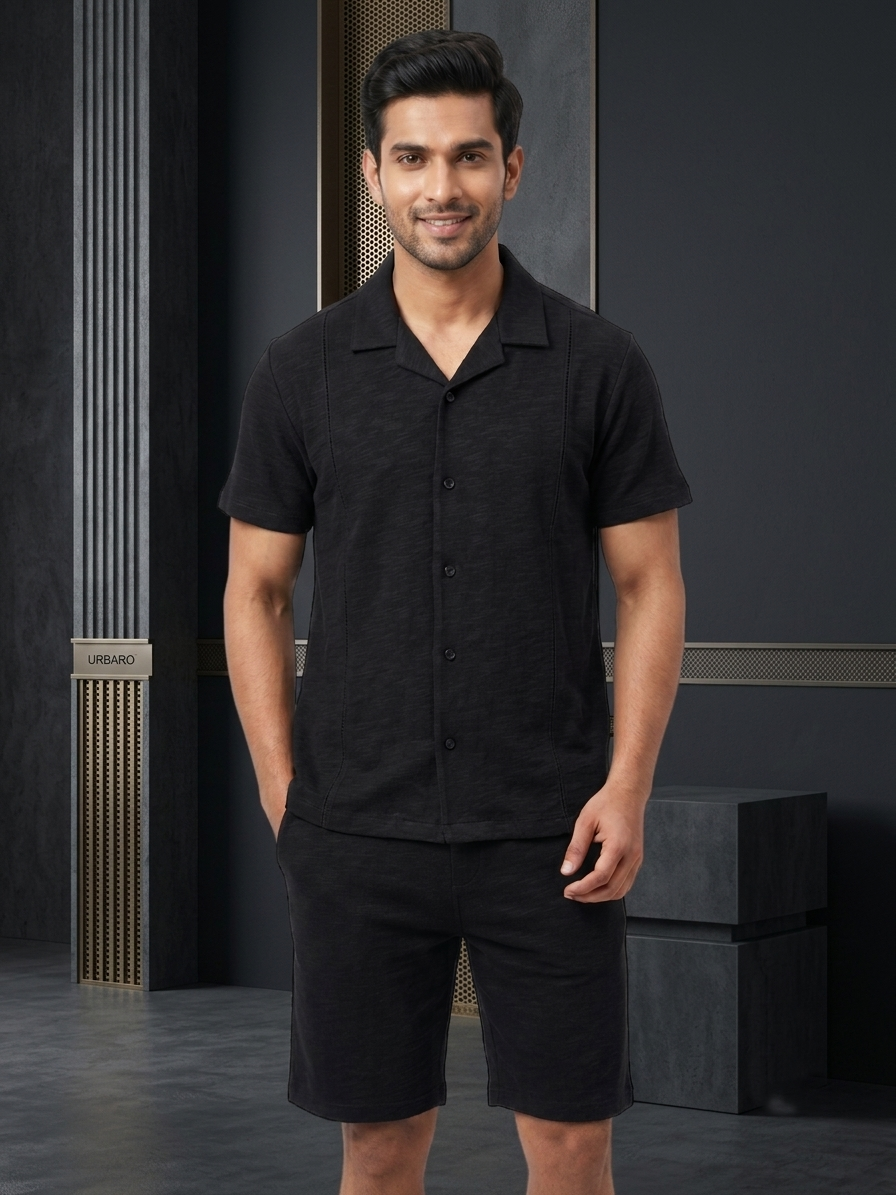 URBARO Men's Solid Black Co-Ords Set