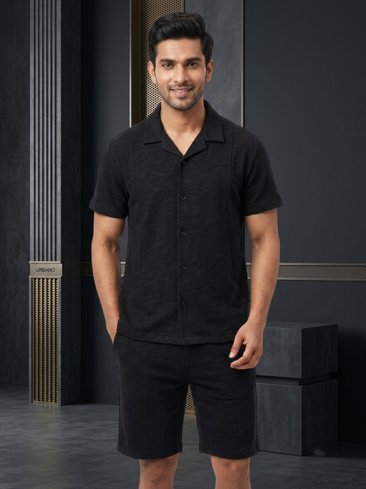 URBARO Men's Solid Black Co-Ords Set