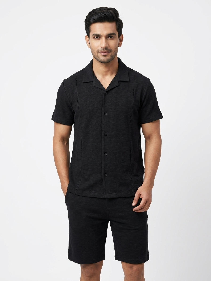 URBARO Men's Solid Black Co-Ords Set