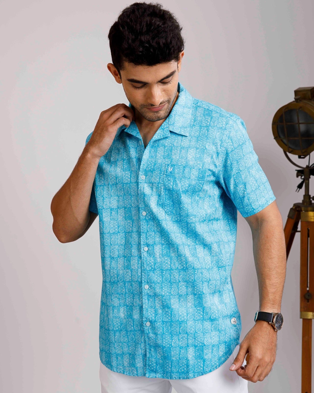 Tropical Linen Sky Blue Print Shirt