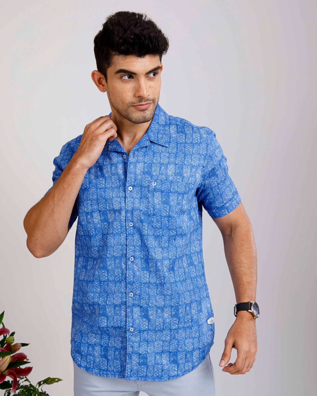 Tropical Linen Dark Blue Print Shirt