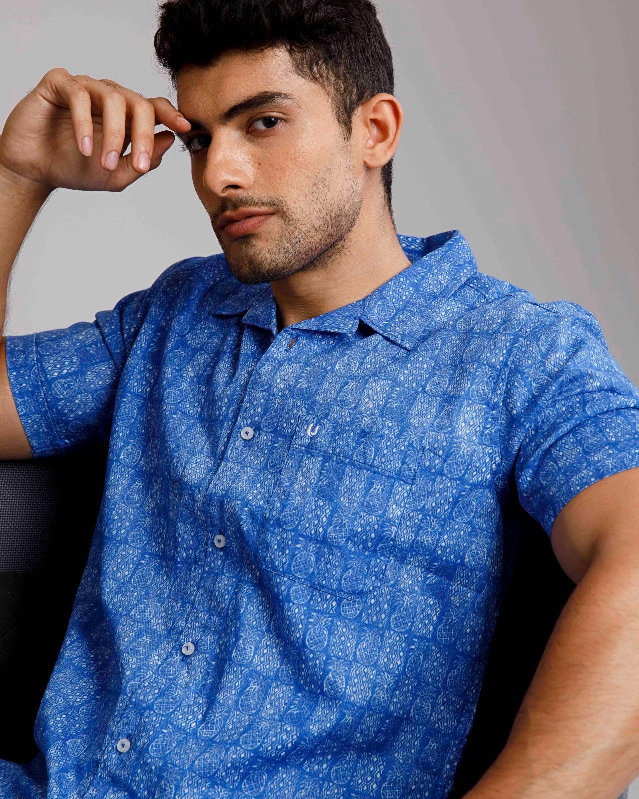 Tropical Linen Dark Blue Print Shirt