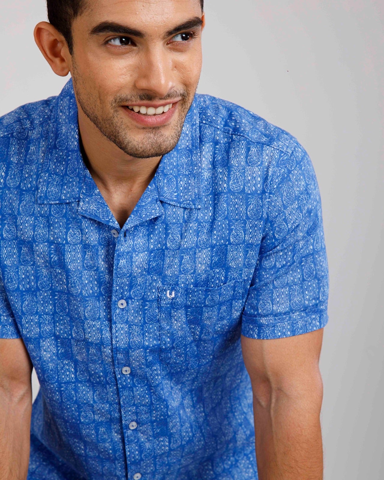 Tropical Linen Dark Blue Print Shirt