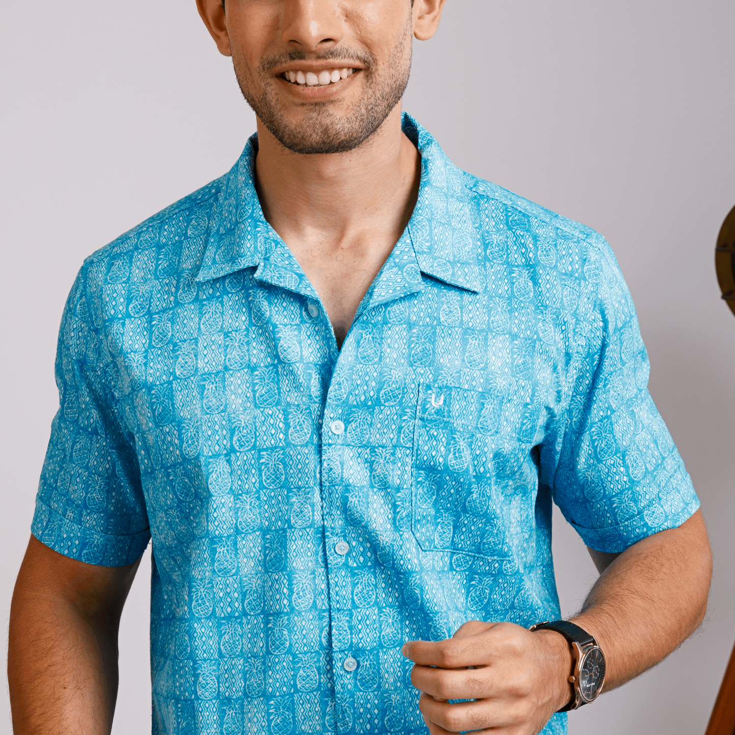 Tropical Linen Sky Blue Print Shirt