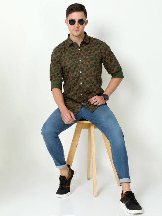 Urbaro Olive Full Sleeve Print Shirt