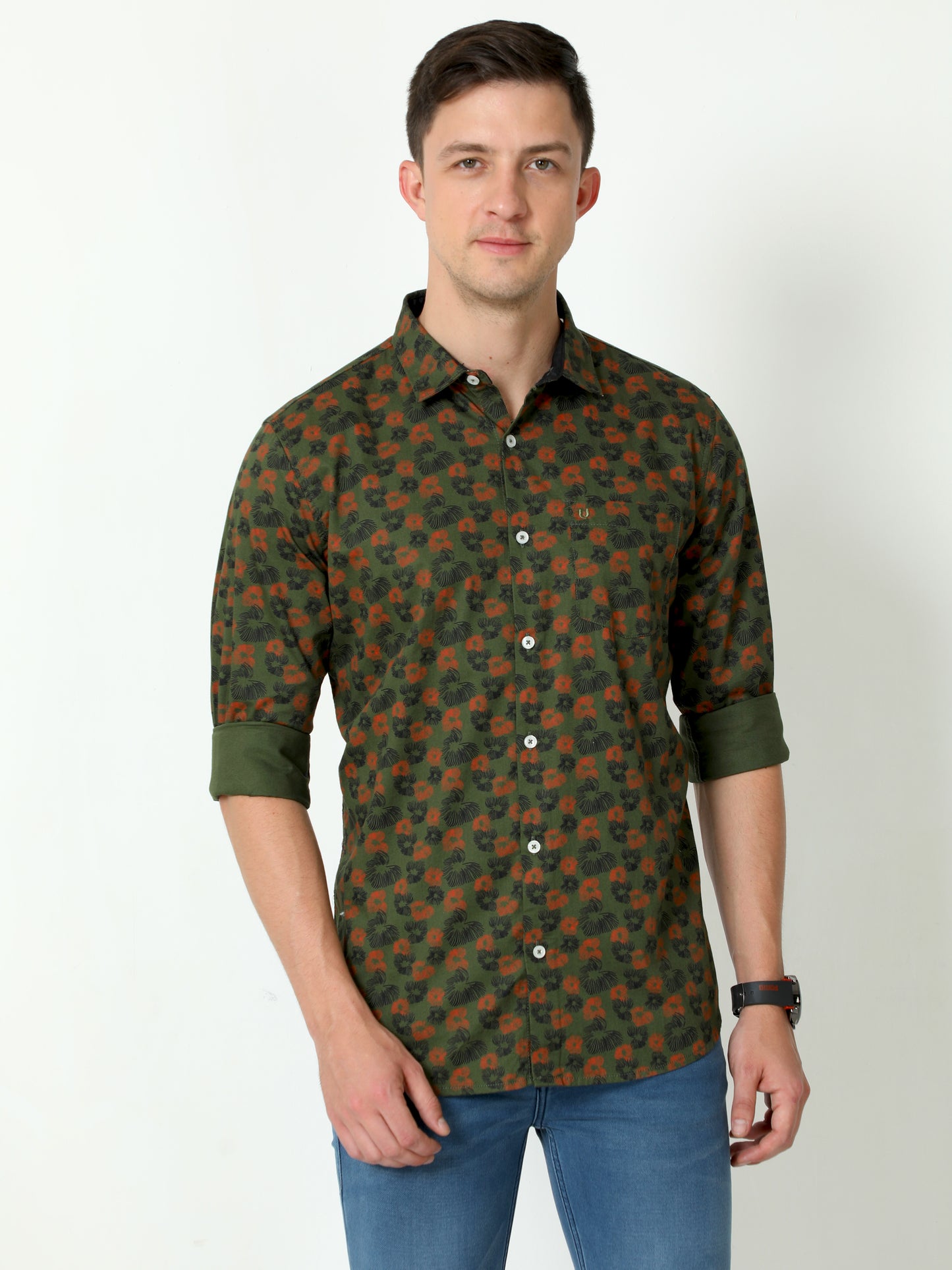 Urbaro Olive Full Sleeve Print Shirt