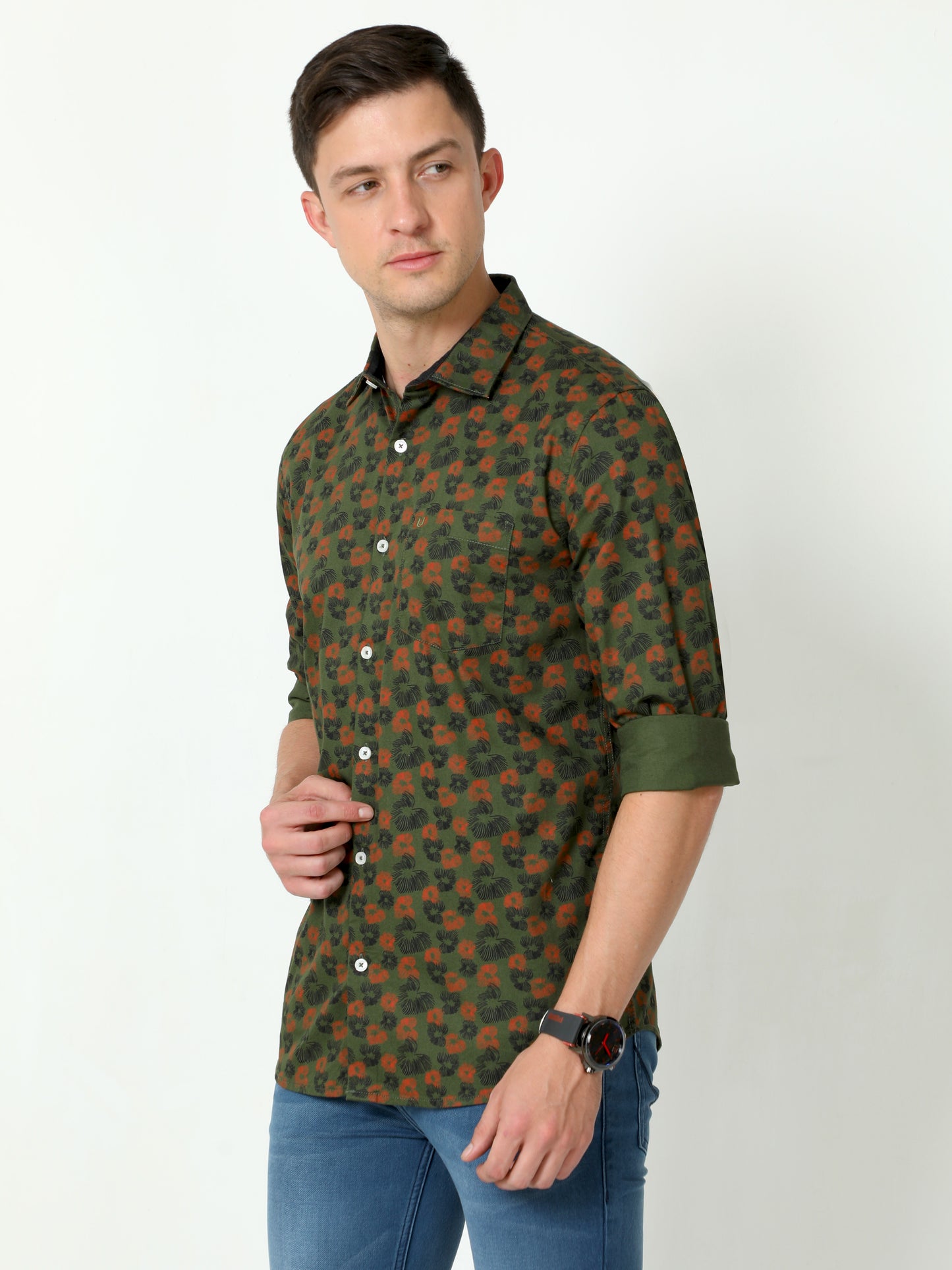 Urbaro Olive Full Sleeve Print Shirt