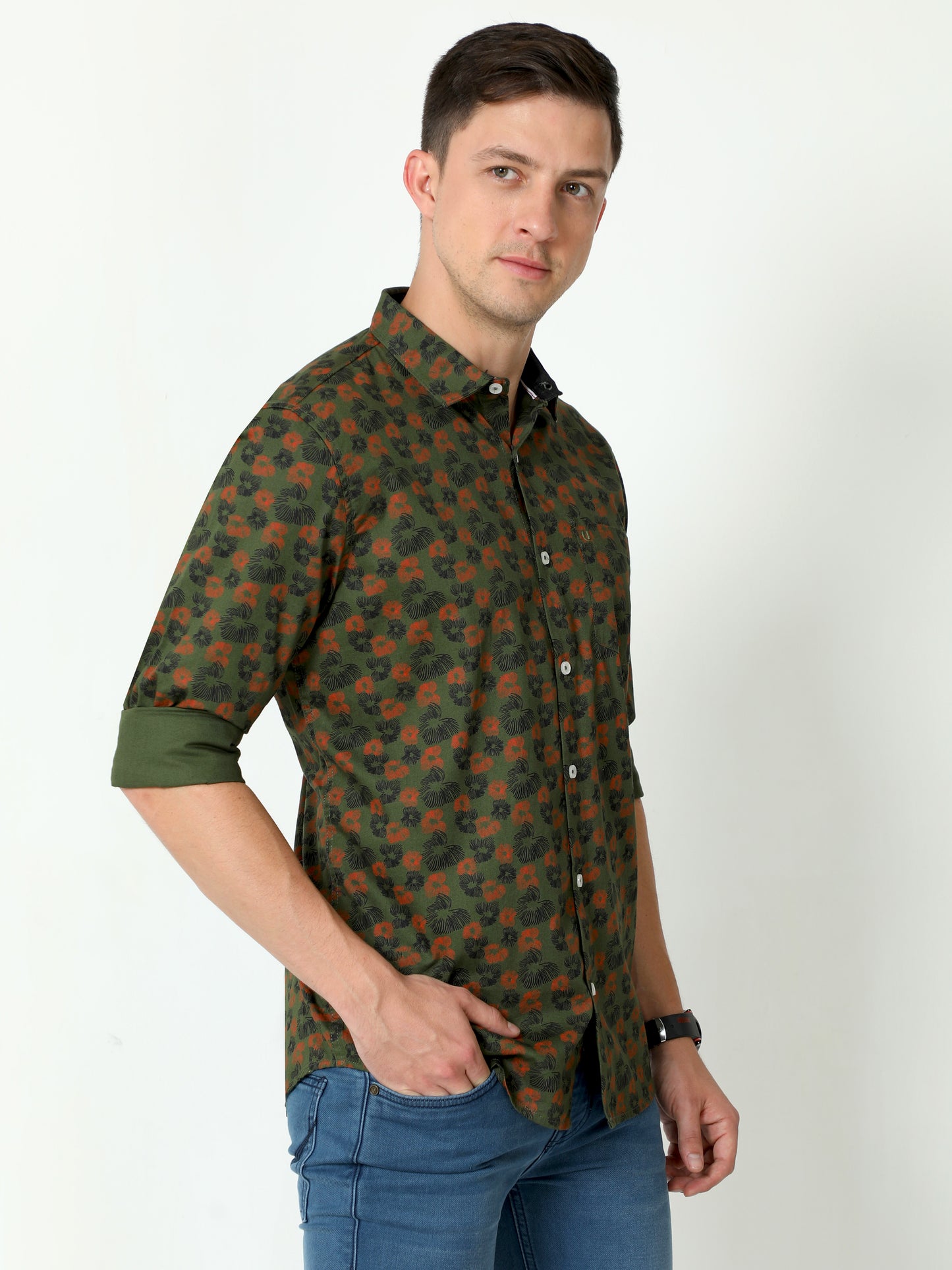 Urbaro Olive Full Sleeve Print Shirt