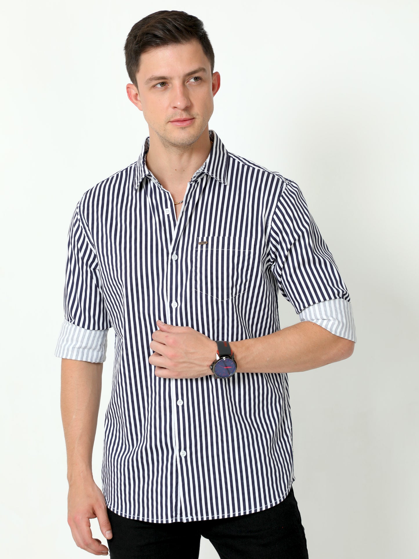 Urbaro Navy Full Sleeve Stripes Shirt